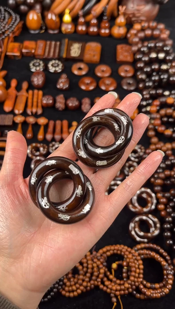 枣木雷击枣木玉化双面镶银五雷五路乾坤圈