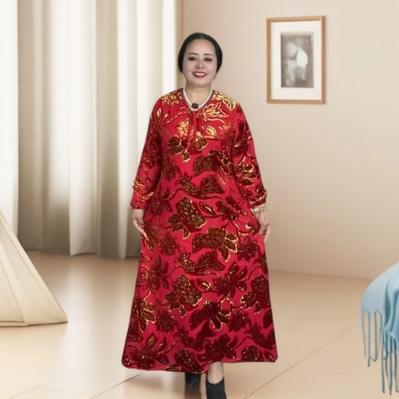 网红印花中长裙夏季长裙A字裙红色时尚系带裙子女装连衣裙