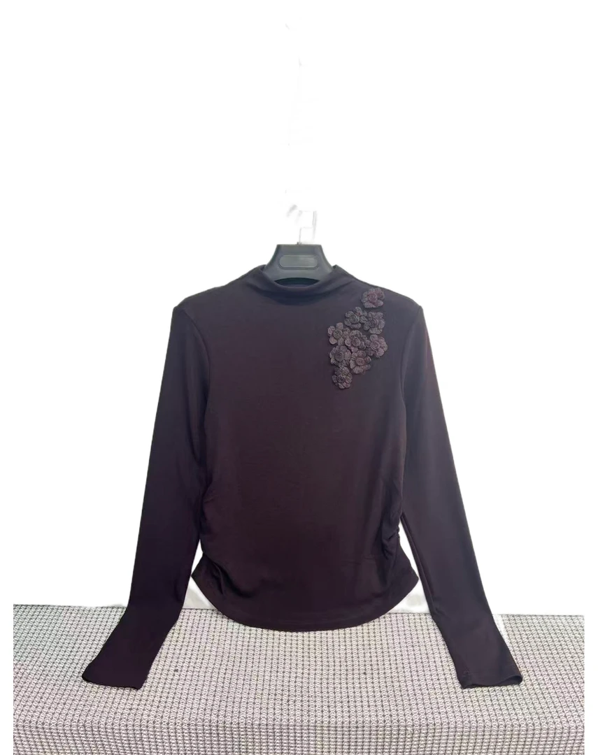 C 3786  花朵装饰  纯色  腰间褶皱  百搭  休闲  T恤