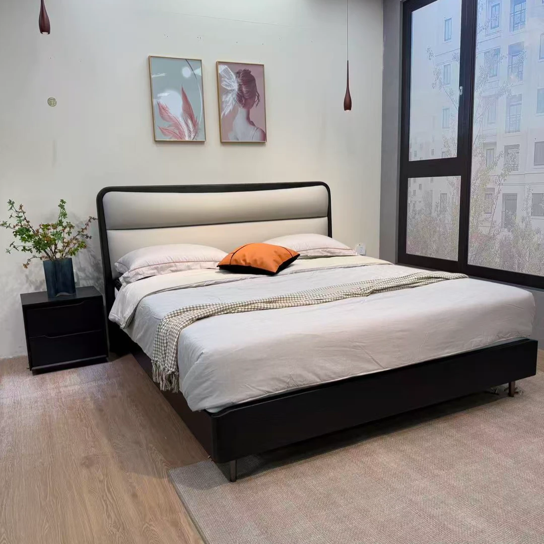 1006-2#南美胡桃实木大床双人现代简约1.8米主卧婚床小户型齐边床