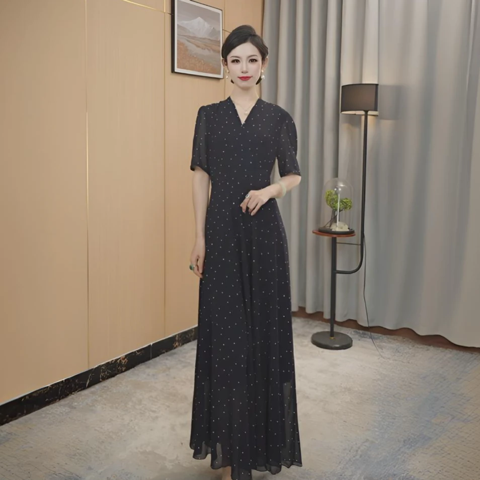 原创藏蓝色波点长裙连衣裙女装常规时尚高腰夏季显瘦高贵气质优雅