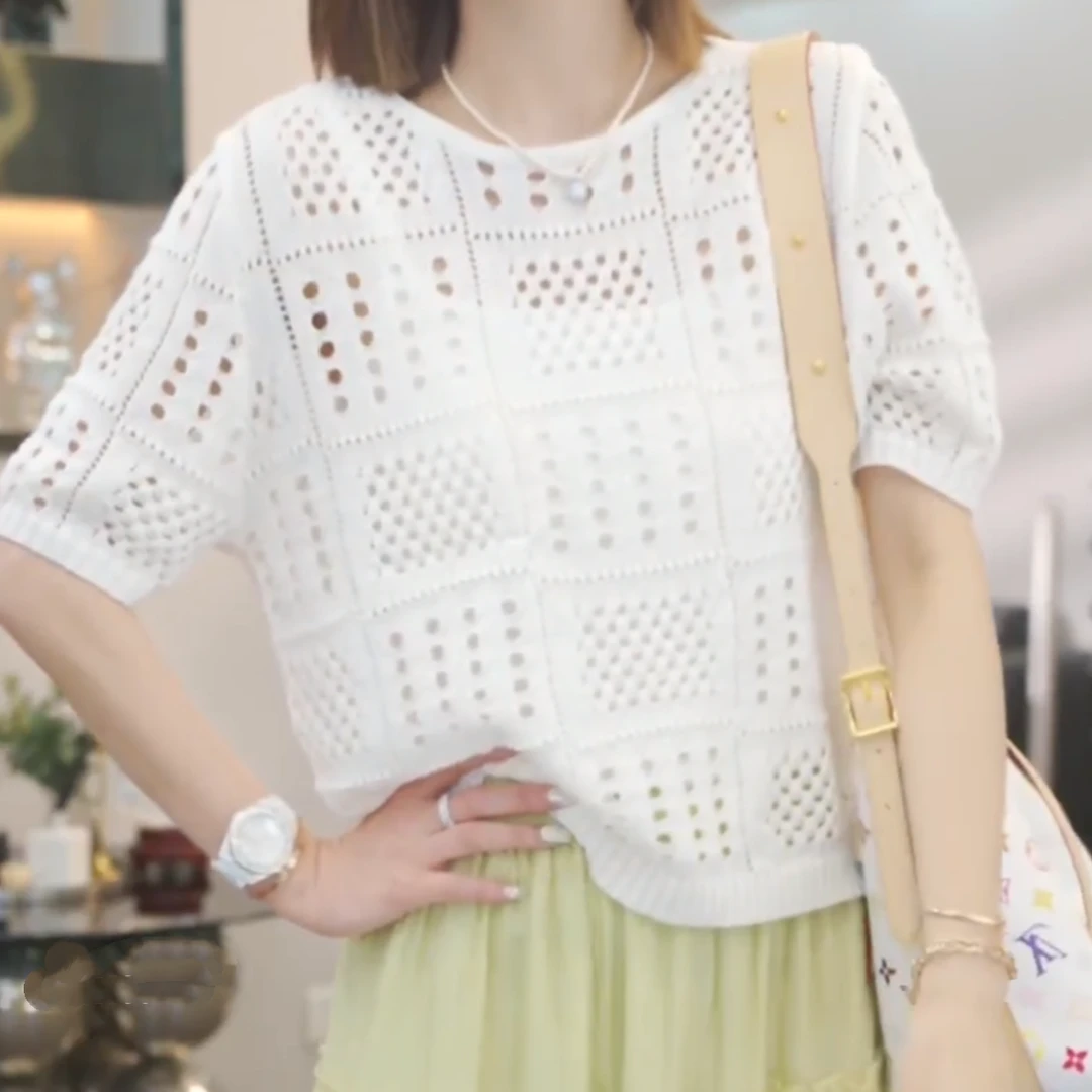 超柔和纸纱镂空白色短袖针织衫女2025春夏新款小香风减龄圆领上衣