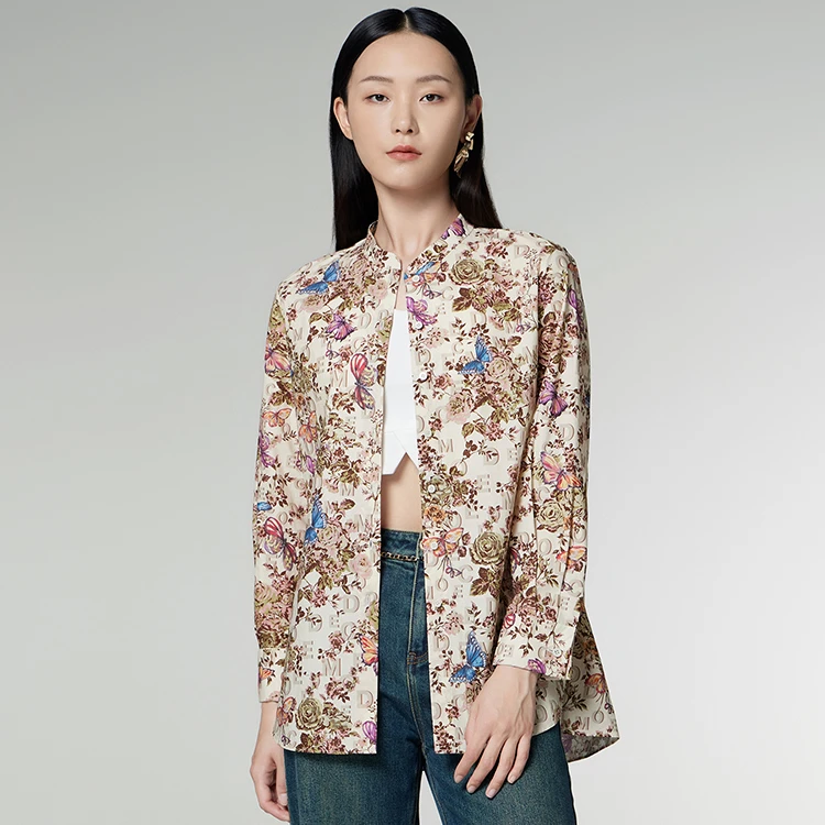 MEDECOO/墨蒂珂2025秋季新款 立领长袖圆摆印花棉衬衫女MID50212