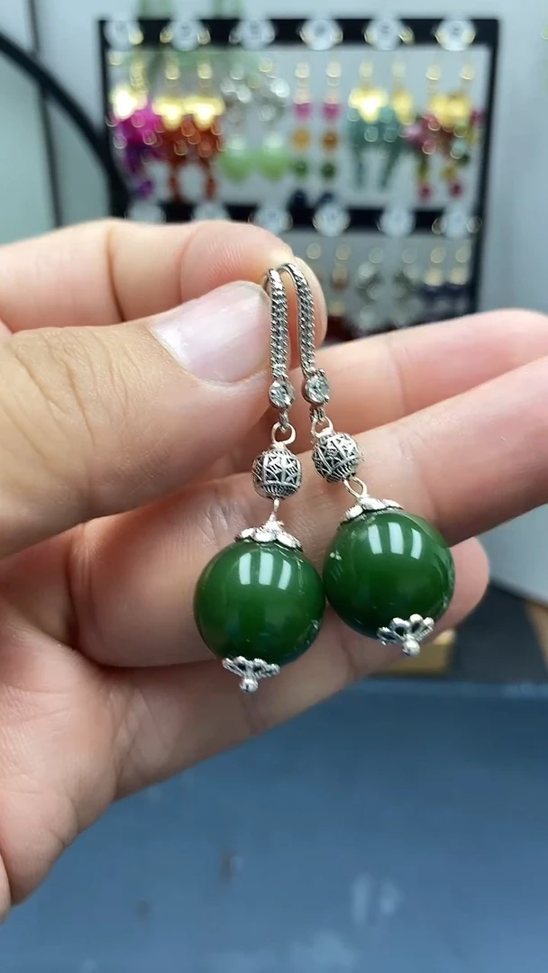 和田玉银S925镶嵌耳饰尺寸14mmA3