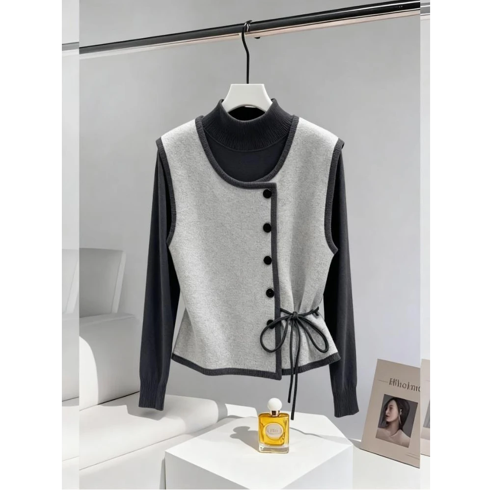 2025秋季新款轻职慵懒风网红高档洋气女装长袖内搭打底衫马甲套装