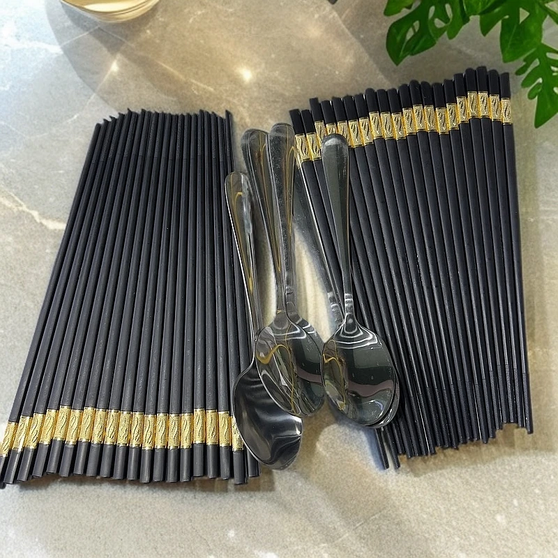 新疆包邮 【20双筷子6个勺子】 家用黑色高档轻奢长柄精美钢勺防滑