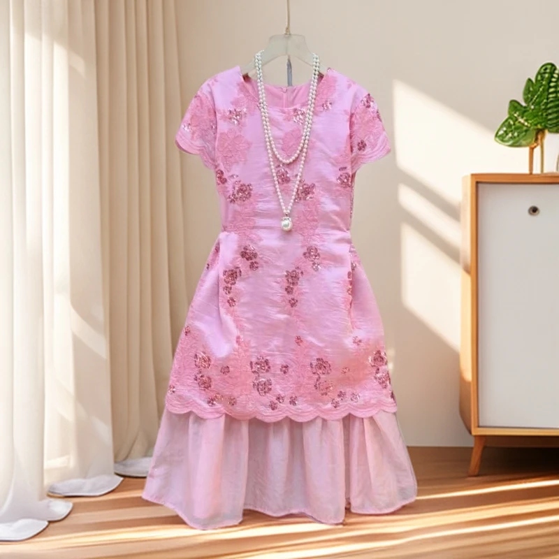 2025夏新款时尚气质优雅圆领短袖连衣裙女改良旗袍独特假两件减龄