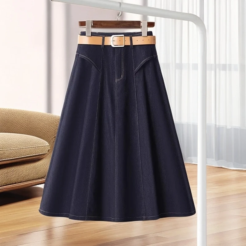 深蓝色牛仔A字裙女半身裙2025春夏季新款高腰百搭中长款显瘦伞裙