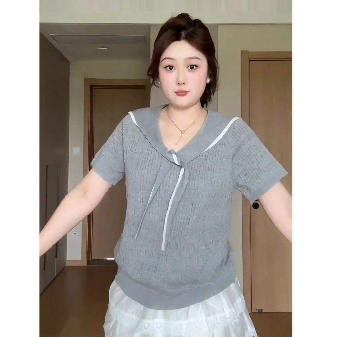 大码胖mm2025夏季系带显瘦减龄海军领上衣女别致宽松休闲短袖T恤