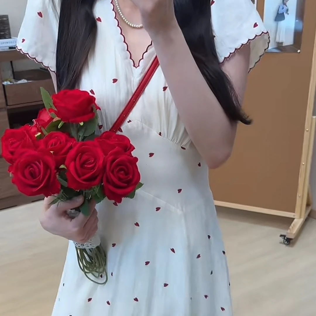 【炽热的爱恋】纯欲浪漫少女杏底红心V领夏日氛围感显瘦长裙