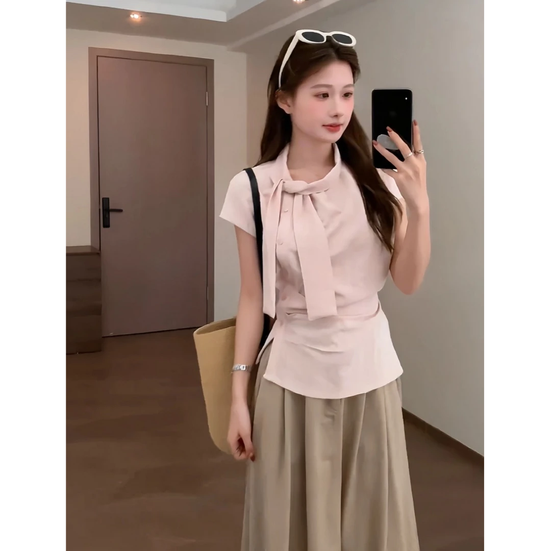 大码胖MM韩系开叉设计感飘带短袖衬衫女夏季法式气质收腰休闲上衣