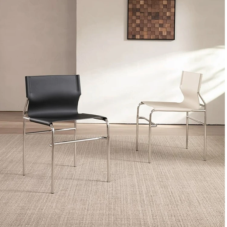 意式极简不锈钢餐椅马鞍皮餐椅靠背家用中古风凳子现代设计师椅子