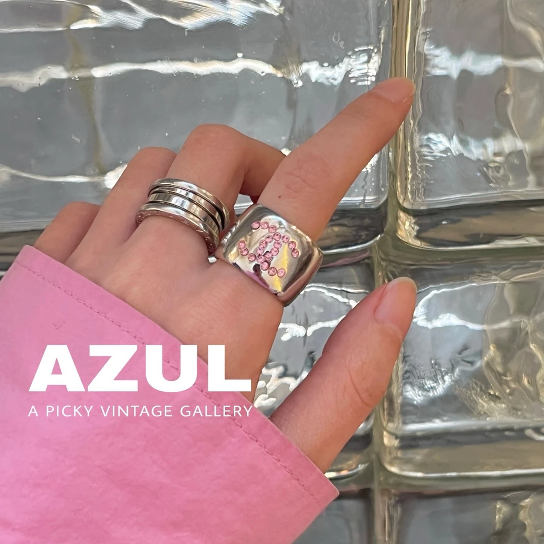 95新 Chanel/香奈儿 Azul-00A银色芭比粉爱心双C宽版54戒指/47363