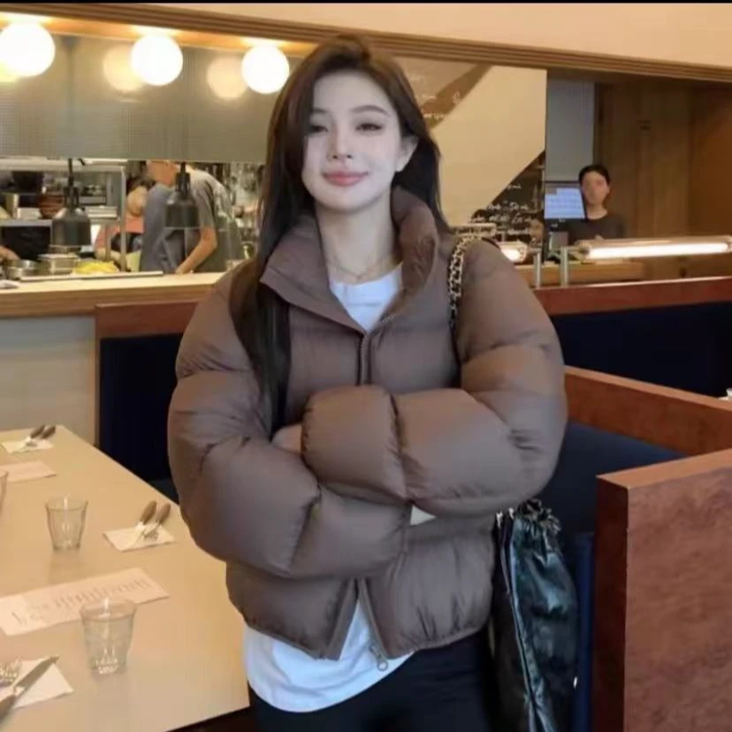 立领亮面短款时尚秋冬网红拼接棉服