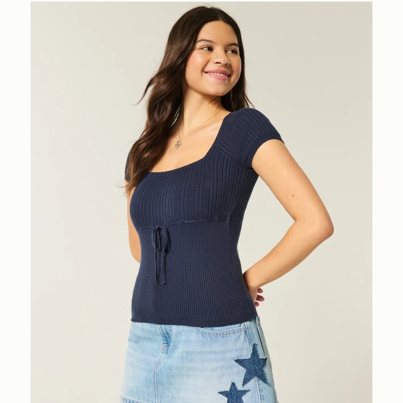 Hollister25秋季款辣妹百搭修身方领短袖针织衫女装350-5125