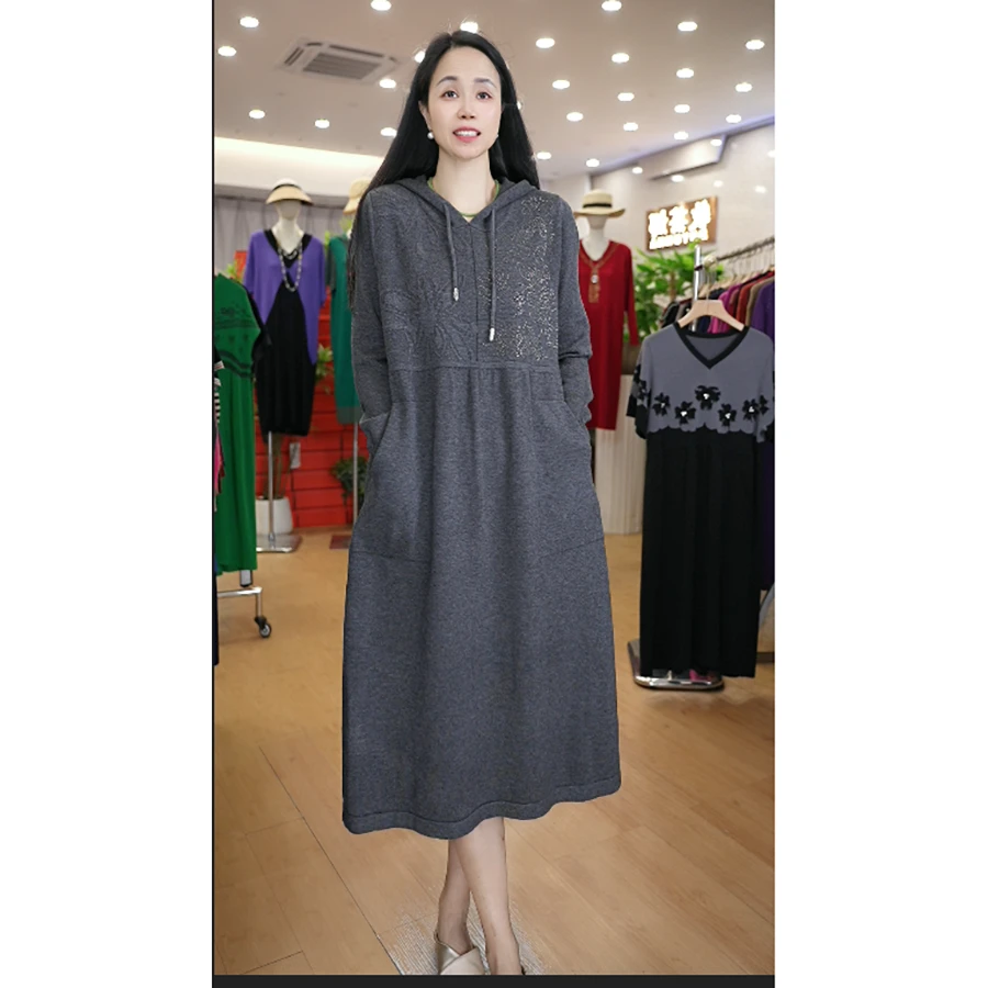 4419 连帽裙早秋新款长袖裙子大码女装连衣裙