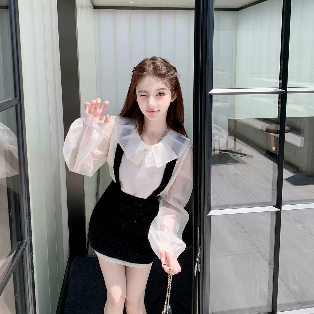 【古堡少女】2025早秋新款韩系甜美珠光纱长袖上衣配细闪背带裙套装