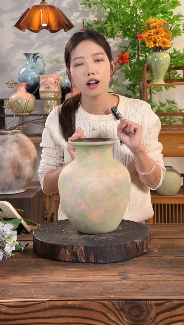 【苔点绿-胖肚瓶大号】无孔水培桌面陶瓷花瓶干花鲜花