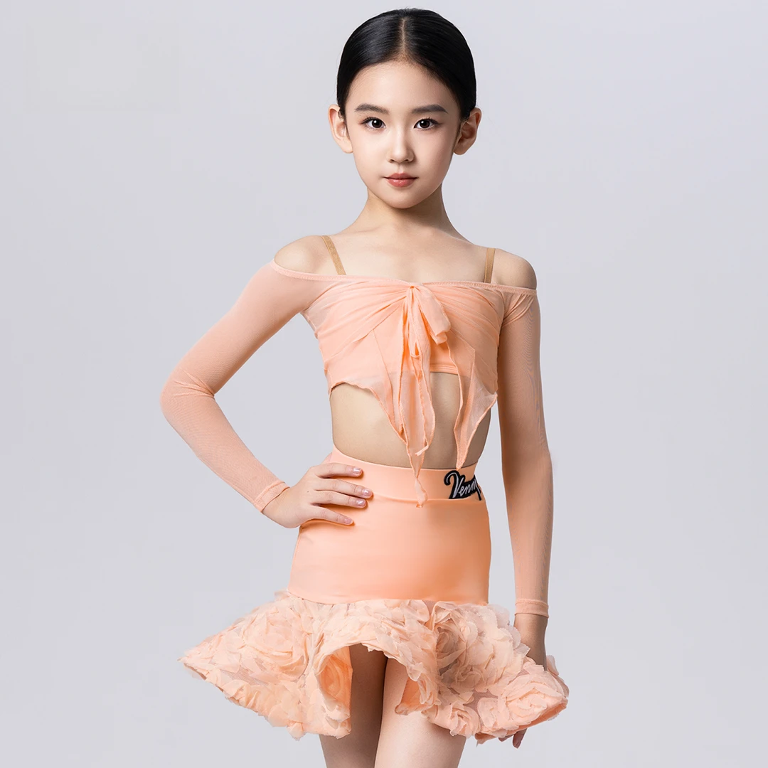 薇妮舞美拉丁舞秋冬季女儿童练功服吊带长袖蝴蝶结花瓣半裙套装