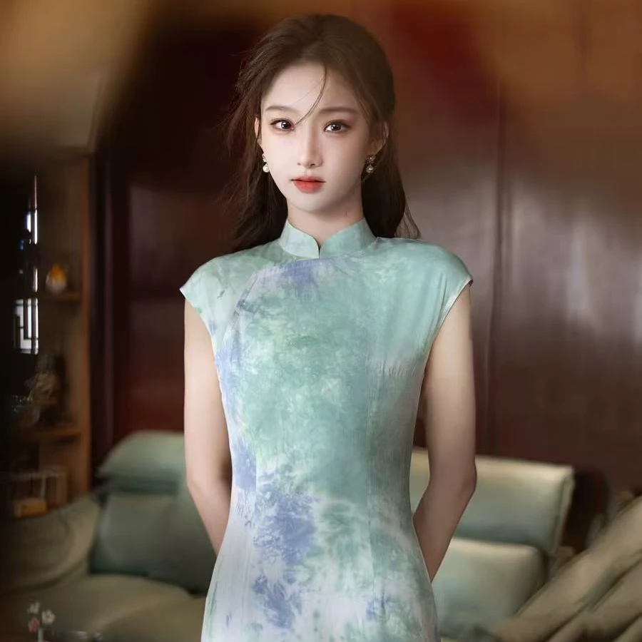335 中长款日常晕染中式渐变中国风新中式旗袍落肩袖优雅包肩袖