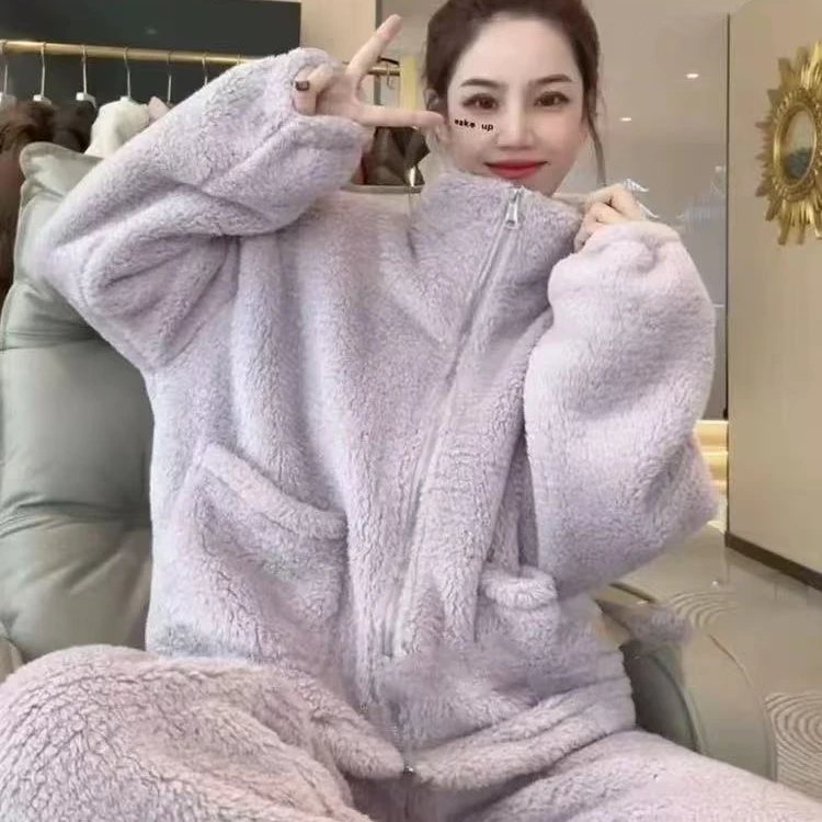 8890冬装新款珊瑚绒睡衣女百搭宽松保暖居家服时尚休闲两件套套装