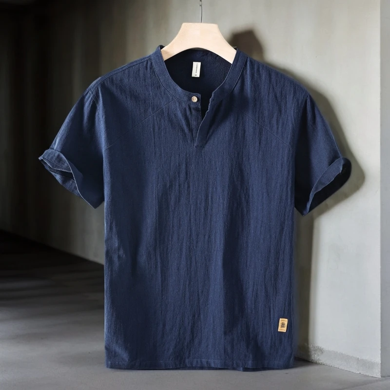 2025夏季休闲男士亚麻短袖衬衫棉麻薄款复古透气套头宽松半袖衬衣