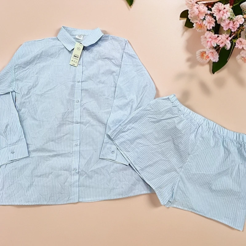 日单男女装长绒棉条纹衬衫长袖套装休闲