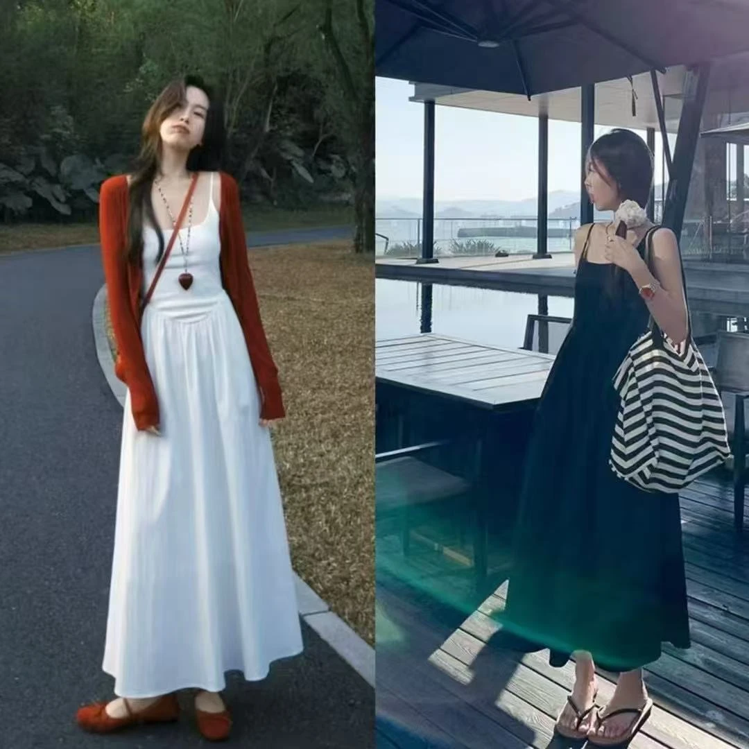 婷婷家韩系温柔吊带连衣裙女开春气质穿搭度假法式赫本风长裙套装
