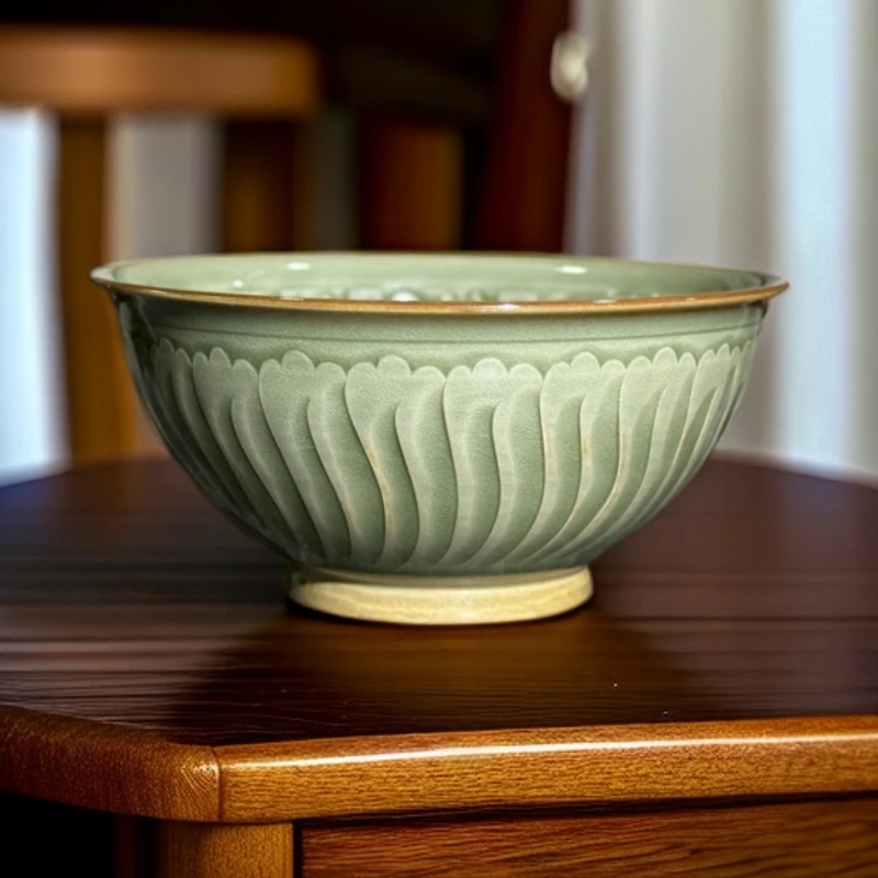 【长安知己】耀州窑青瓷5.5英寸仿古菊纹手工刻花菊瓣茶点碗14.3cm