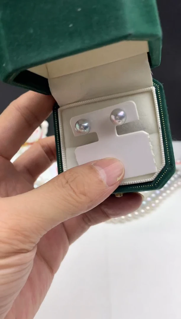 银S925镶嵌ff海水珍珠akoya灰珠耳饰6~7mm