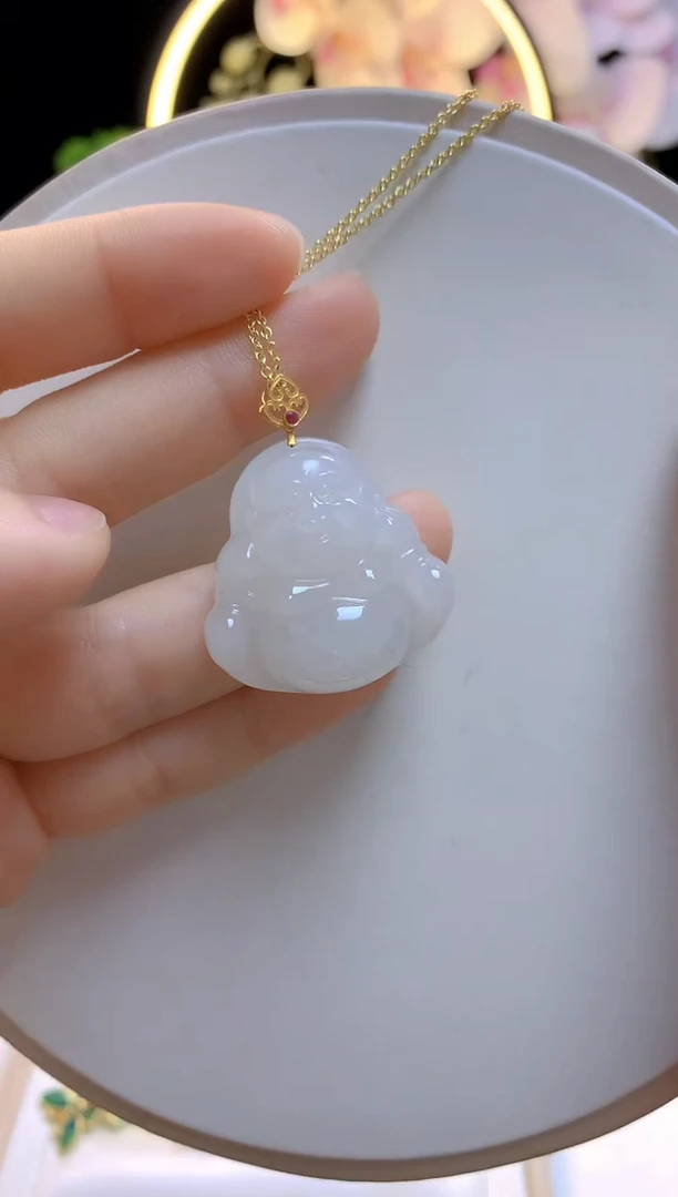 和田玉18K金镶嵌吊坠(赠链)30白玉佛公