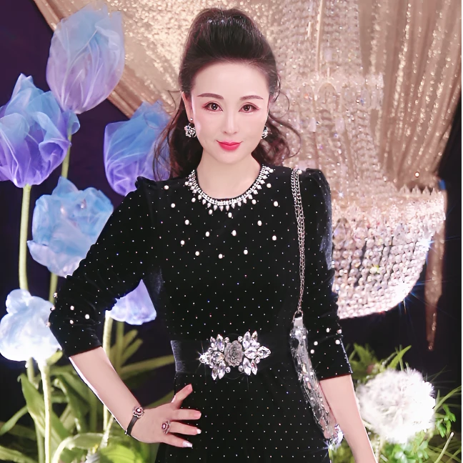 常规修身显瘦长袖秋季法式连衣裙晚礼服气质女装黑色