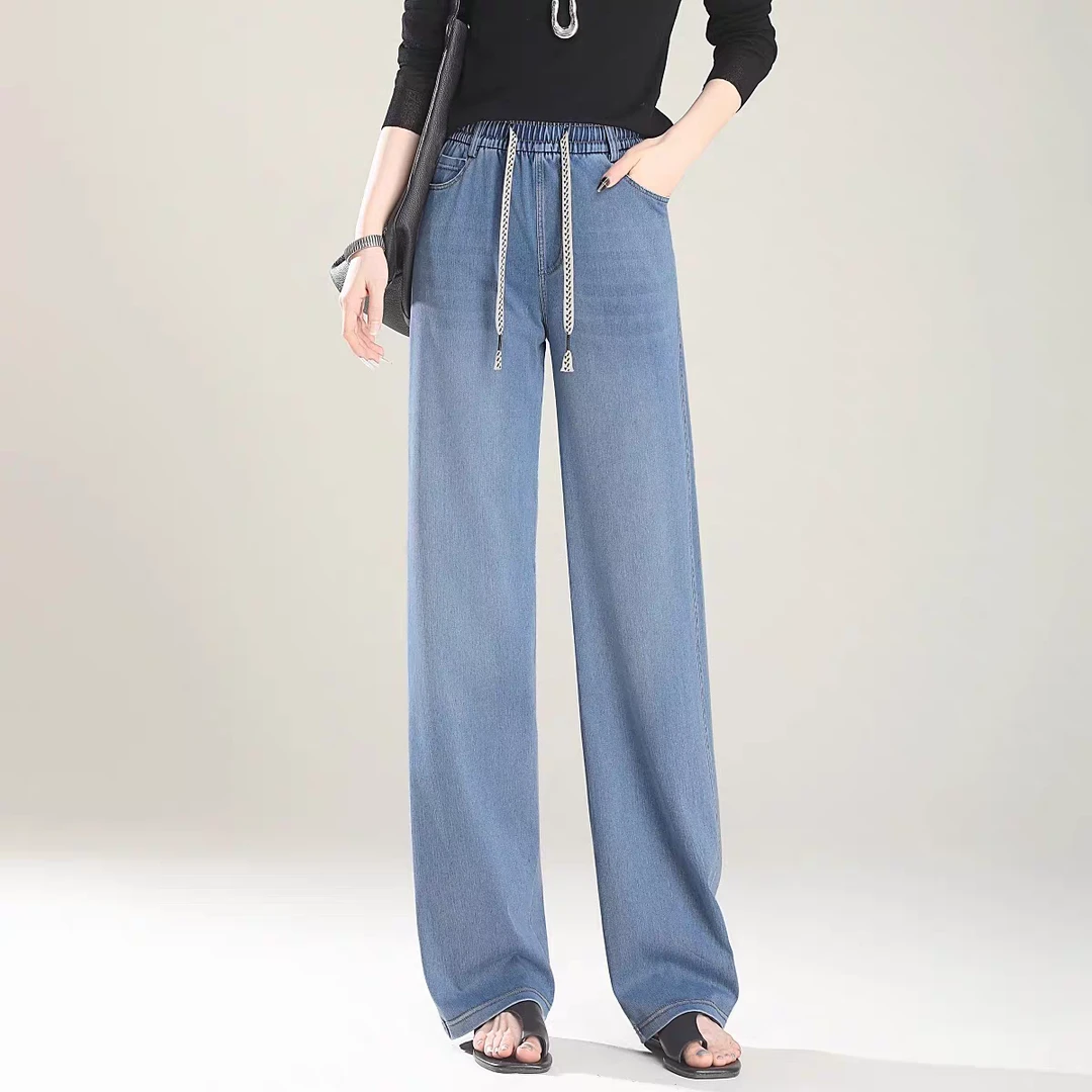 【专柜现货】夏季冰丝软牛仔时尚百搭休闲妈妈裤直筒浅色显瘦修身裤