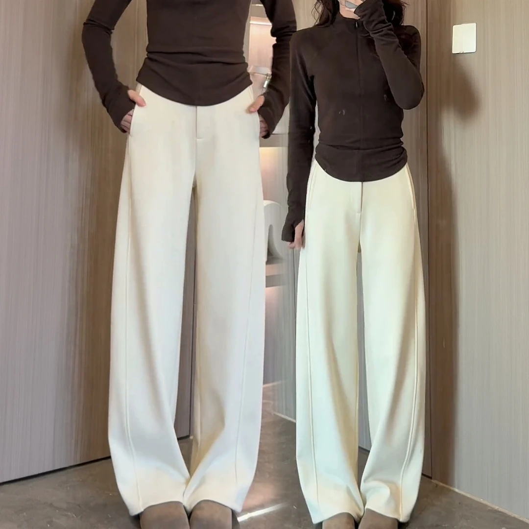米白色醋酸羊毛弯刀裤女秋冬加厚2026新款高腰宽松直筒糯米裤子冬