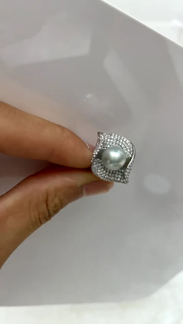 银S925镶嵌戒指海水珍珠8-9