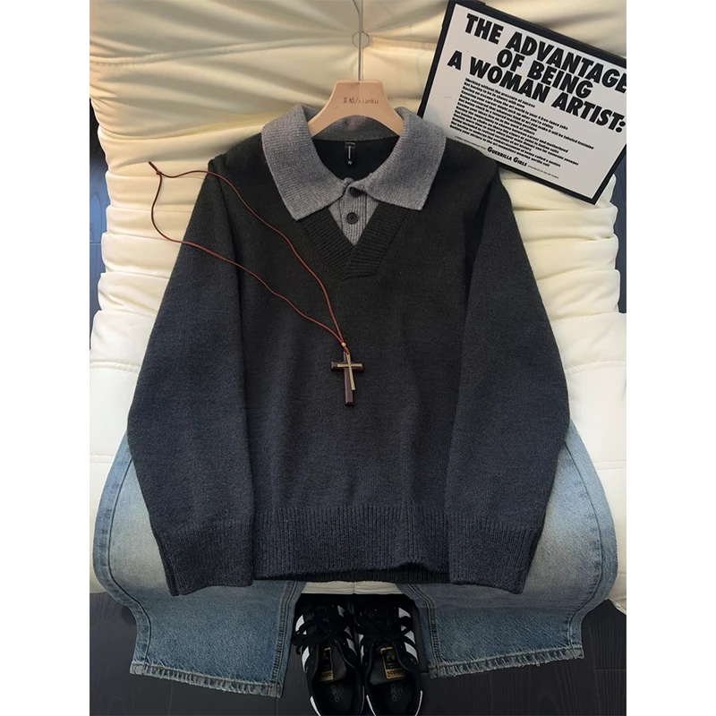vintage假两件翻领毛衣老钱风痞帅针织衫秋冬长袖纯色复古男款