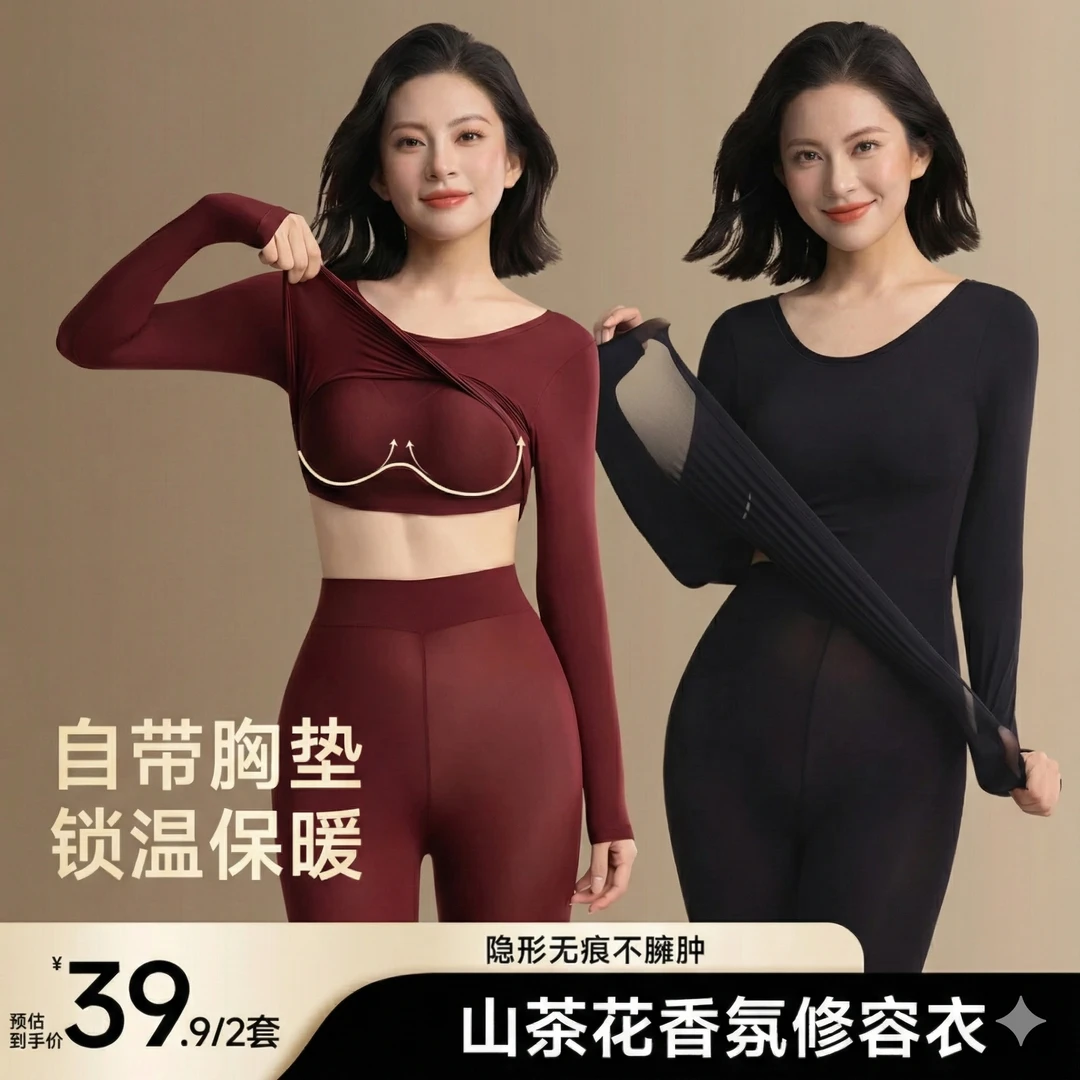 【到手2套】秋冬修容保暖自带胸垫隐形无痕热能美肤衣显瘦山茶花