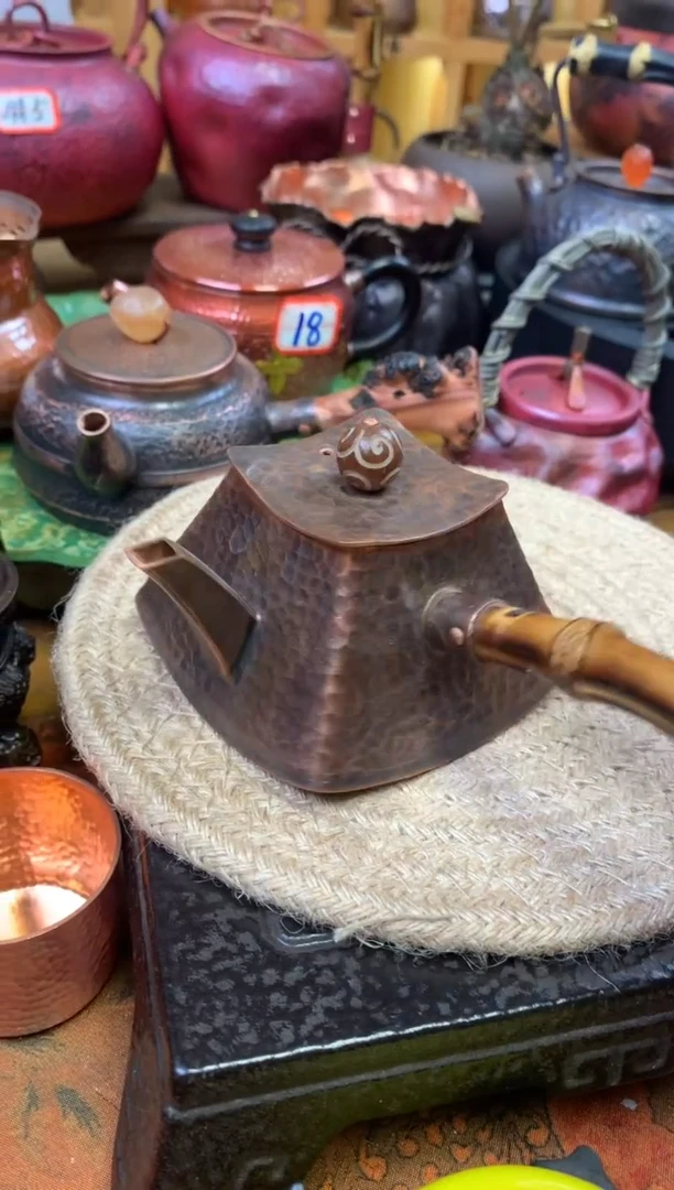 紫铜四方竹节侧把闷泡壶