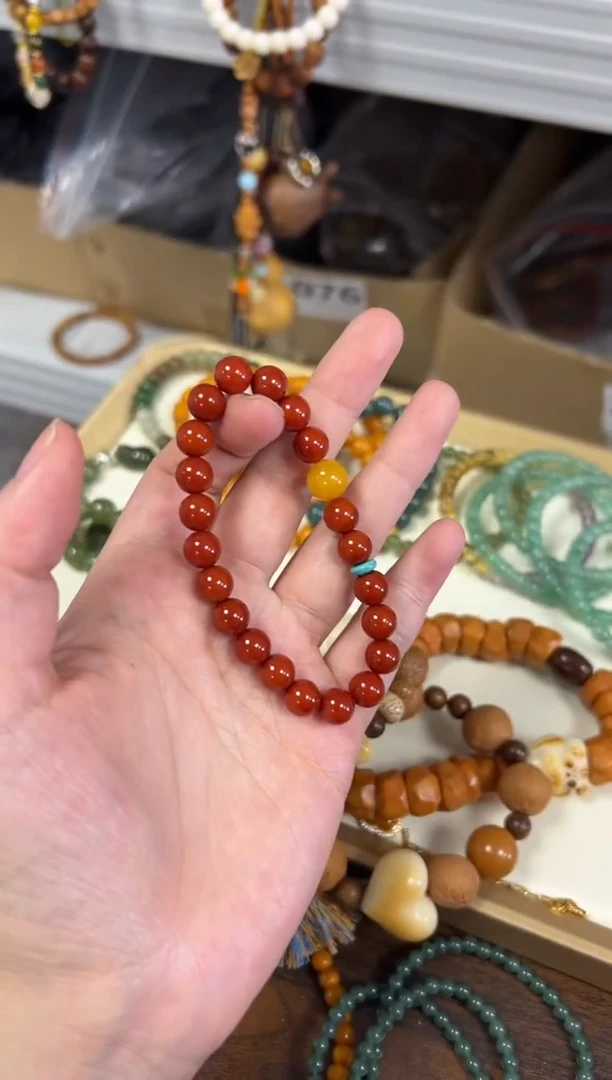 未镶嵌蜜蜡手链柿子红玛瑙蜜蜡顶珠手串[1239]