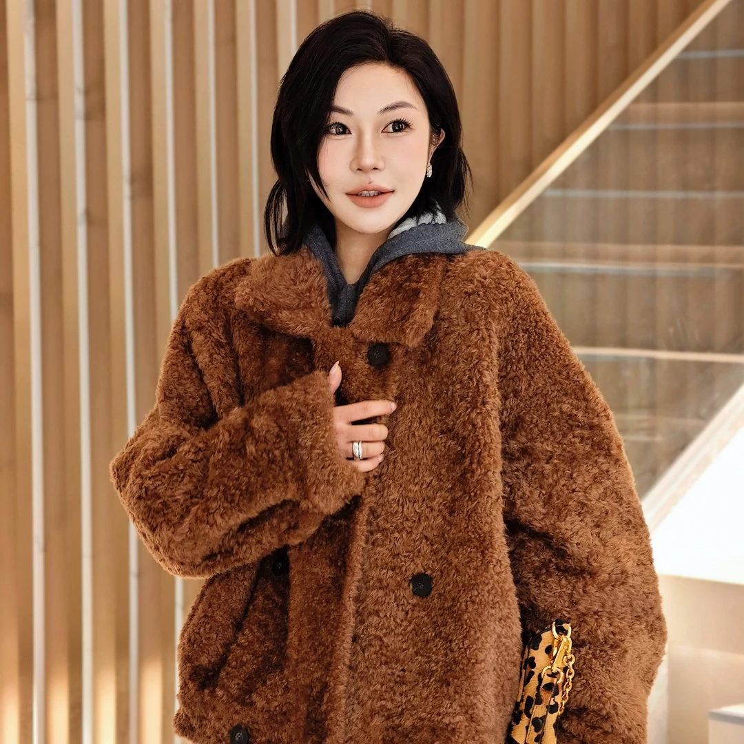 PENNYPENG泰迪熊 拉贡黑标系列冬日奢宠大翻领双面卷皮毛一体外套