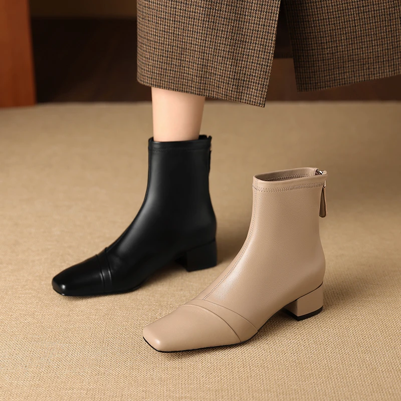 跟高5cm秋冬气质方头100%软羊皮女靴时尚精致女式靴子女短靴