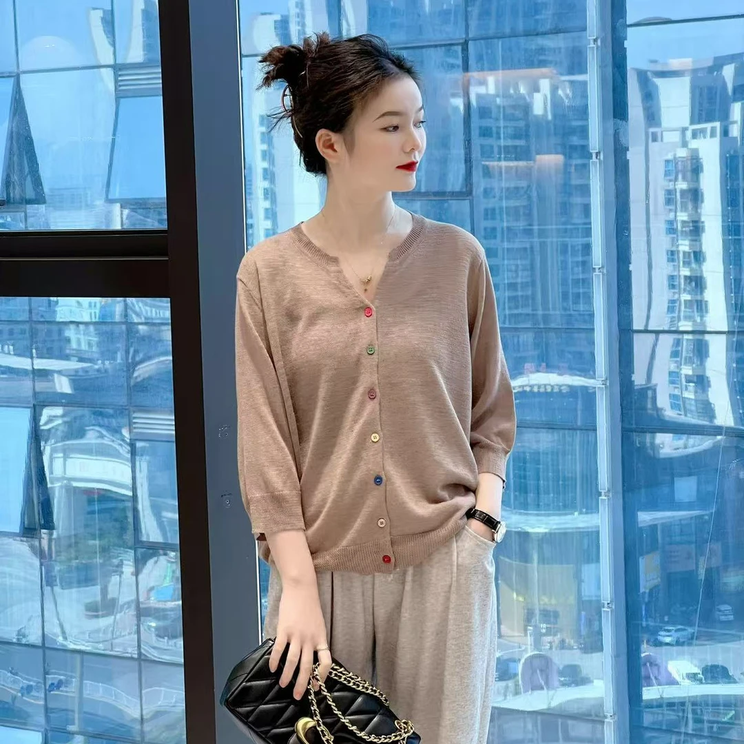 531简约纯色亚麻春夏季彩色纽扣V领百搭显瘦薄款上衣