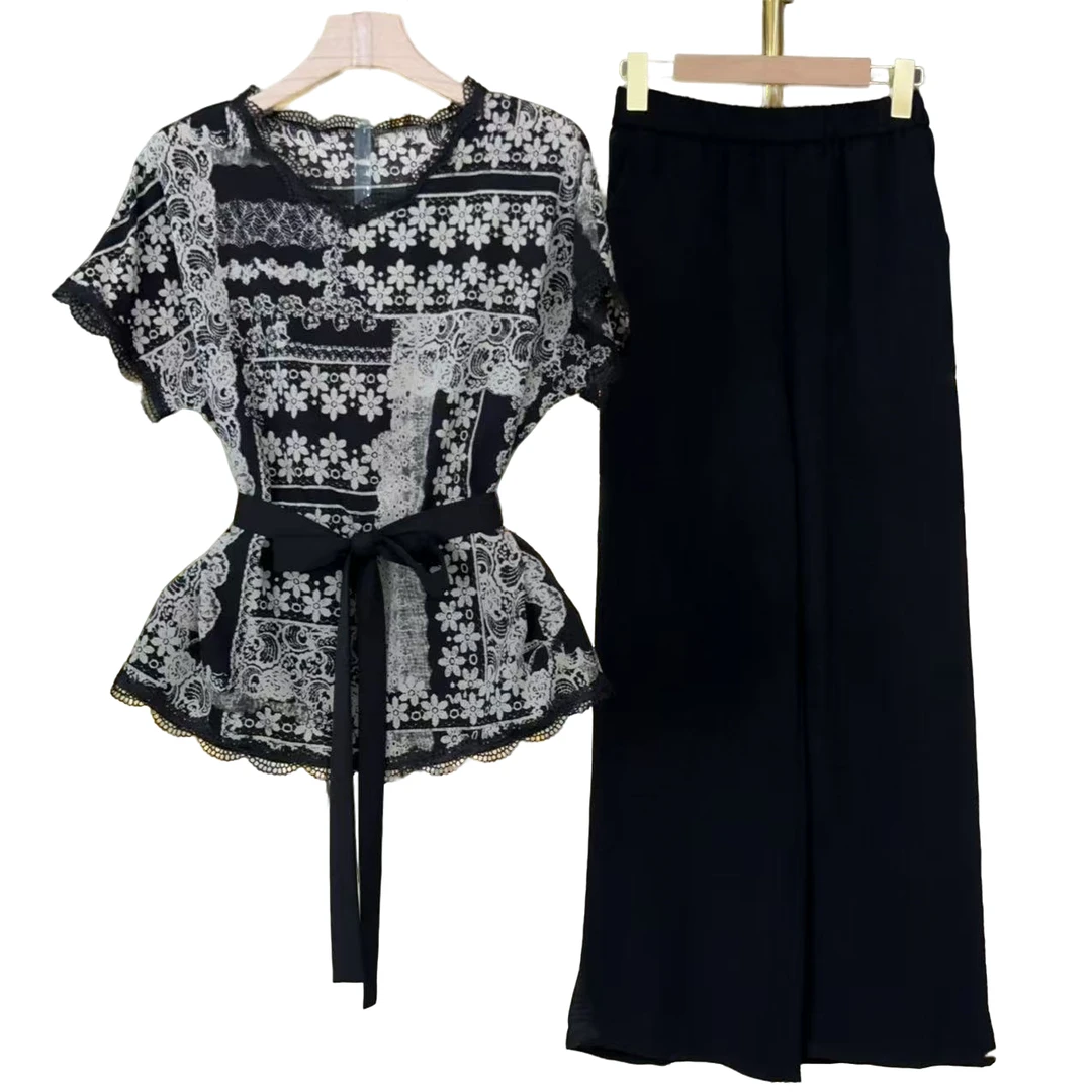 【三件套】2025夏季新款休闲百搭减龄上衣+阔腿裤+腰带套装M588