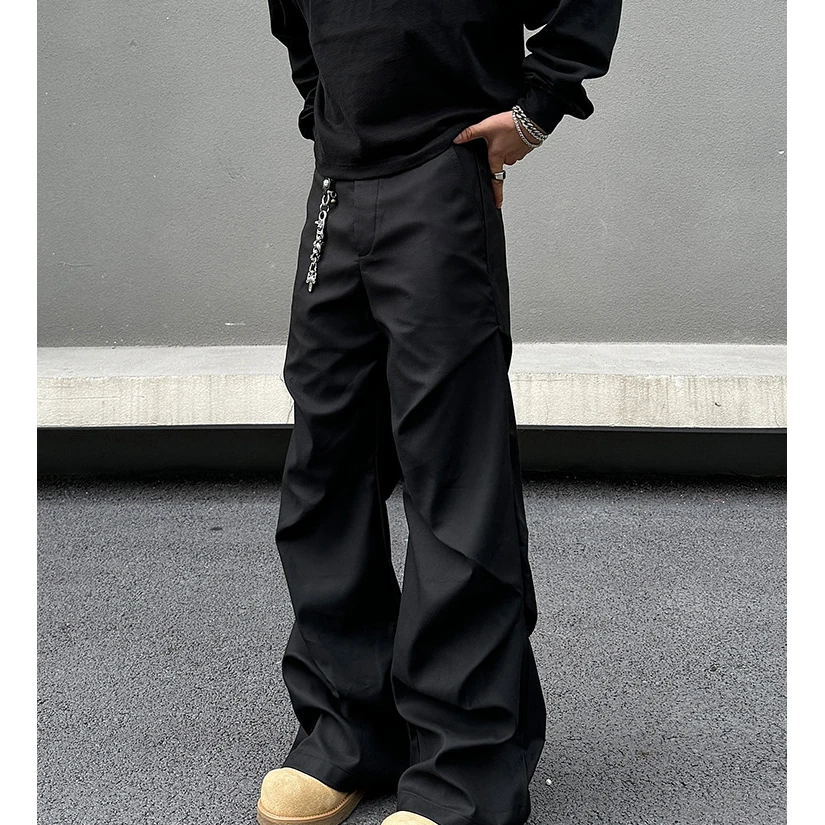 美式复古黑色西裤工装男款褶皱垂感微喇cleanfit休闲裤子