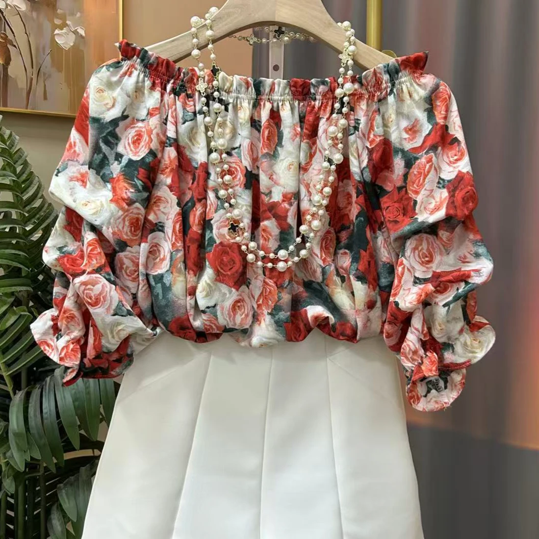 红玫瑰显白圆领一字肩衬衫上衣度假风气质衬衣夏季宽松印花设计感