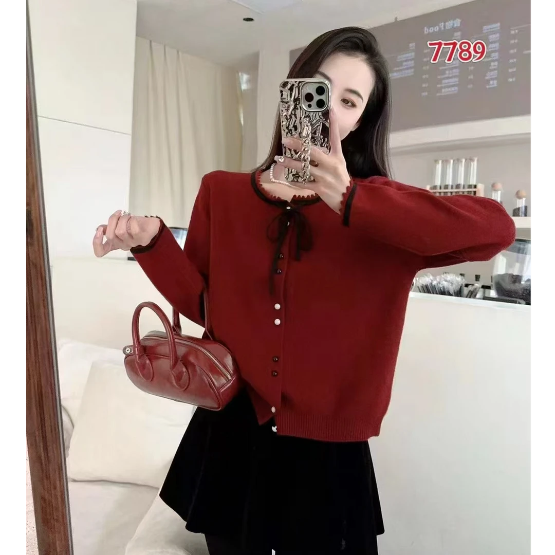 春款女式圆领开襟系带款针织衫