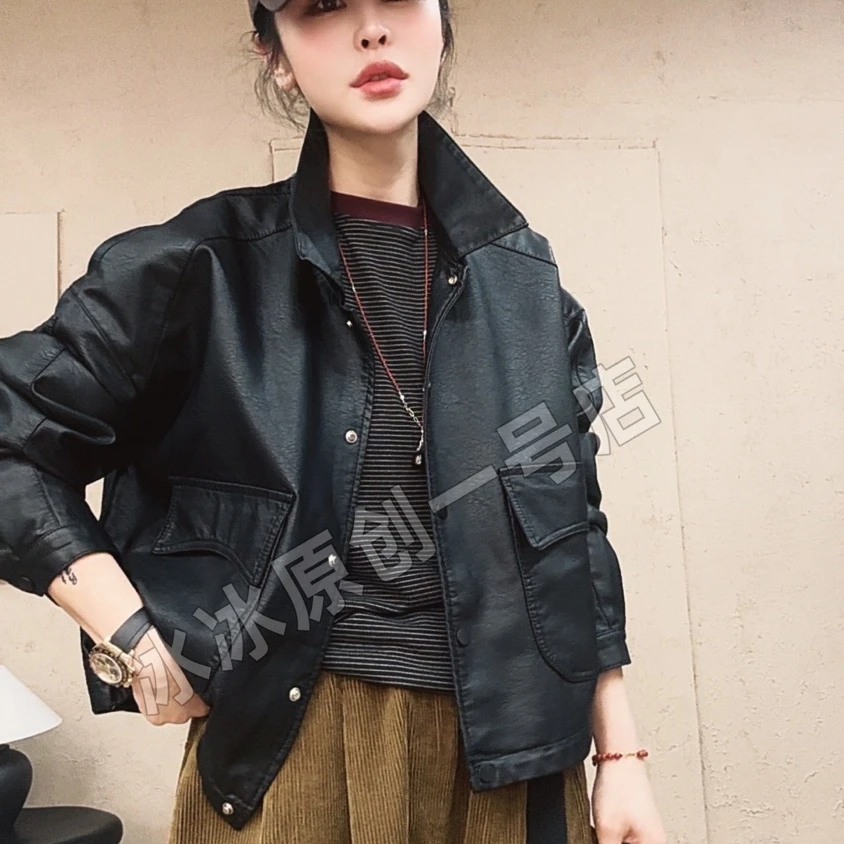 【冰冰一号店】95192#翻领休闲皮衣外套秋款百搭机车