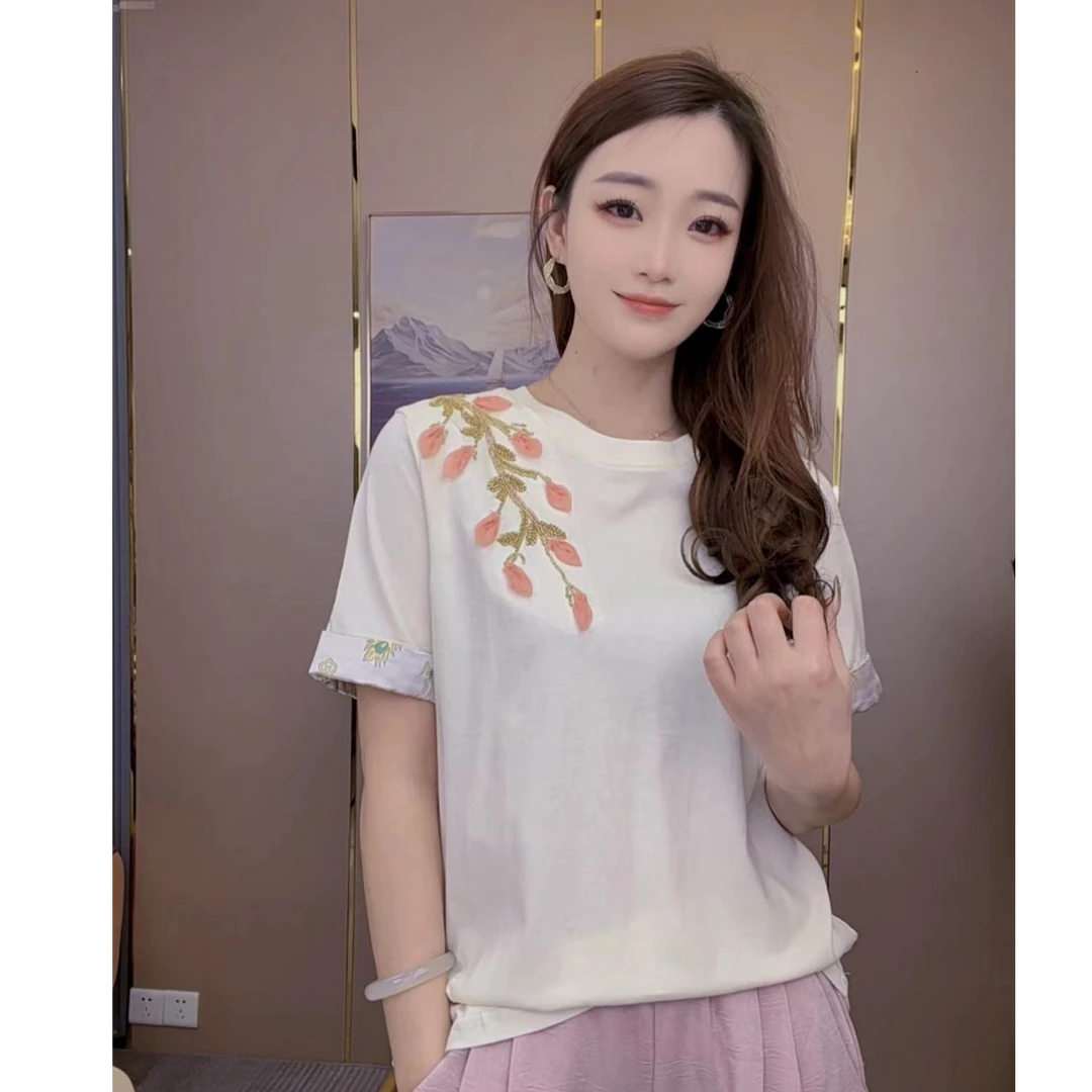 【夏季上新】夏季重工中式气质显瘦设计感女士时尚百搭圆领T恤8802