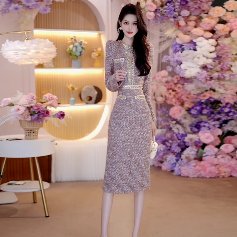 秋冬新款小香风加厚女装气质名媛修身显瘦粗花呢镶钻连衣裙1805