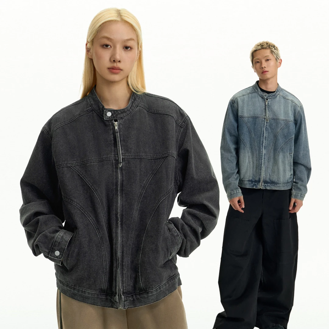 TGNS分割解构牛仔夹克男女春秋新品短款牛仔外套复古机车领外套